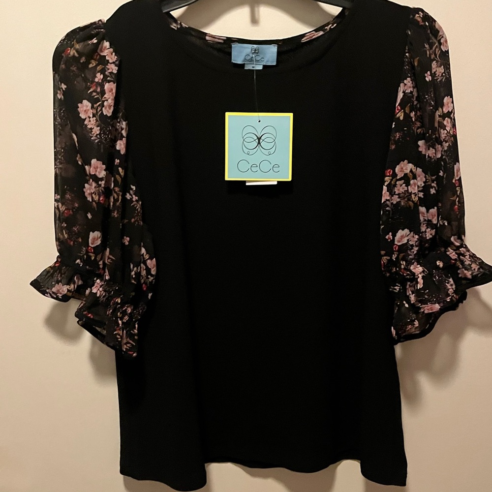 CeCe Black Blouse with Pink Floral Puff Sleeves - Picture 3 of 4